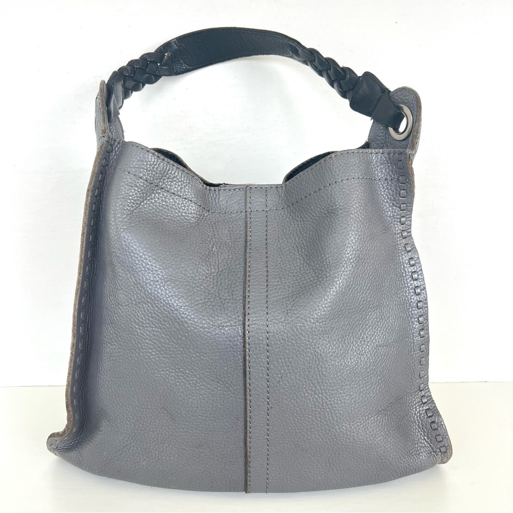 LUCKY BRAND Gray Pebbled Leather Black Braided Handles Stitching Shoulder Tote - Picture 4 of 12